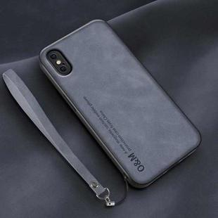 For iPhone XR Lamba Skin Feel Leather Back Phone Case with Strap(Blue)