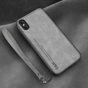 For iPhone XR Lamba Skin Feel Leather Back Phone Case with Strap(Space Grey)