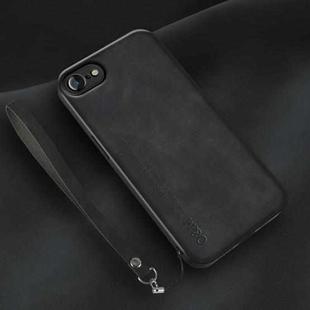For iPhone SE 2022 / SE 2020 / 7 / 8 Lamba Skin Feel Leather Back Phone Case with Strap(Black)