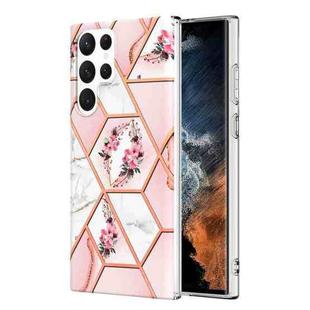 For Samsung Galaxy S23 Ultra 5G Splicing Marble Flower IMD TPU Phone Case(Pink Flower)