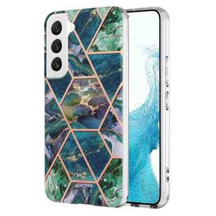 For Samsung Galaxy S23 5G Electroplating IMD Splicing Dual-side Marble TPU Phone Case(Blue Green)