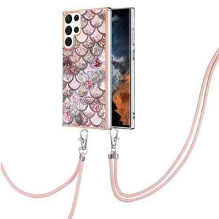 For Samsung Galaxy S23 Ultra 5G Electroplating IMD TPU Phone Case with Lanyard(Pink Scales)