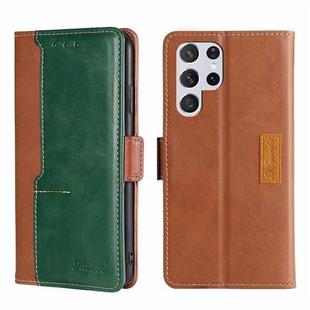 For Samsung Galaxy S23 Ultra 5G Contrast Color Side Buckle Leather Phone Case(Light Brown+Green)
