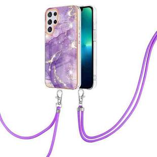 For Samsung Galaxy S23 Ultra 5G Electroplating Marble Dual-side IMD TPU Phone Case with Lanyard(Purple 002)