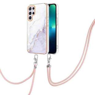 For Samsung Galaxy S23 Ultra 5G Electroplating Marble Dual-side IMD TPU Phone Case with Lanyard(White 006)