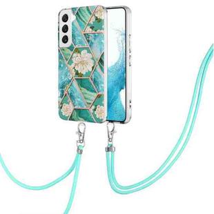 For Samsung Galaxy S23+ 5G Splicing Marble Flower IMD TPU Phone Case with Lanyard(Blue Flower)