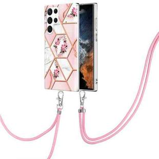 For Samsung Galaxy S23 Ultra 5G Splicing Marble Flower IMD TPU Phone Case with Lanyard(Pink Flower)