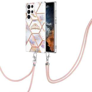 For Samsung Galaxy S23 Ultra 5G Splicing Marble Flower IMD TPU Phone Case with Lanyard(Crown)