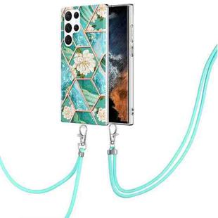 For Samsung Galaxy S23 Ultra 5G Splicing Marble Flower IMD TPU Phone Case with Lanyard(Blue Flower)