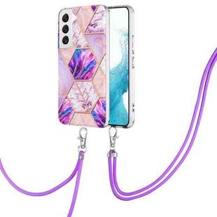 For Samsung Galaxy S23 5G Electroplating IMD Splicing Dual-side Marble TPU Phone Case with Lanyard(Light Purple)