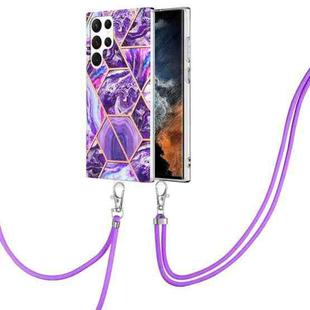 For Samsung Galaxy S23 Ultra 5G Electroplating IMD Splicing Dual-side Marble TPU Phone Case with Lanyard(Dark Purple)