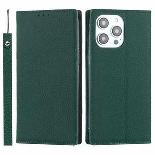 For iPhone 14 Pro Max Litchi Texture Genuine Leather Phone Case(Dark Green)