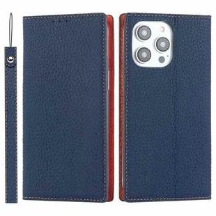 For iPhone 14 Pro Litchi Texture Genuine Leather Phone Case(Dark Blue)