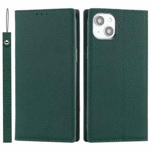 For iPhone 14 Litchi Texture Genuine Leather Phone Case(Dark Green)