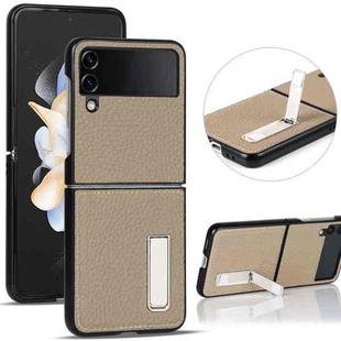 For Samsung Galaxy Z Flip4 5G Litchi Texture Genuine Leather Holder Phone Case(Khaki)