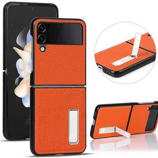For Samsung Galaxy Z Flip4 5G Litchi Texture Genuine Leather Holder Phone Case(Orange)