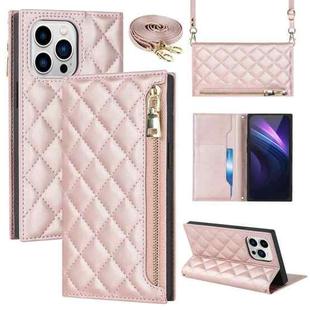 For iPhone 14 Pro Max Grid Texture Lanyard Zipper Leather Phone Case(Rose Gold)