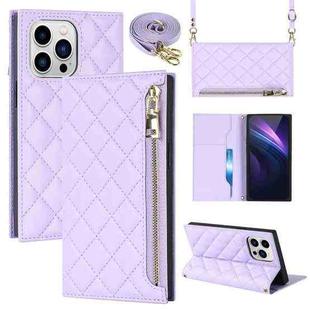 For iPhone 14 Pro Max Grid Texture Lanyard Zipper Leather Phone Case(Purple)