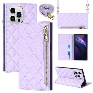 For iPhone 14 Pro Grid Texture Lanyard Zipper Leather Phone Case(Purple)