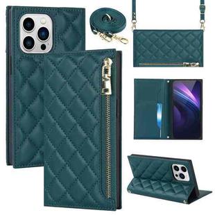 For iPhone 14 Pro Grid Texture Lanyard Zipper Leather Phone Case(Green)