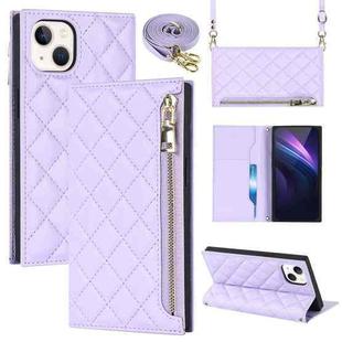 For iPhone 14 Plus Grid Texture Lanyard Zipper Leather Phone Case(Purple)