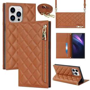 For iPhone 13 Pro Grid Texture Lanyard Zipper Leather Phone Case(Brown)