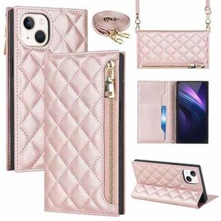 For iPhone 13 Grid Texture Lanyard Zipper Leather Phone Case(Rose Gold)