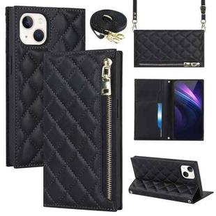 For iPhone 13 mini Grid Texture Lanyard Zipper Leather Phone Case(Black)