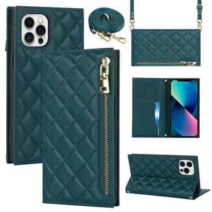 For iPhone 12 Pro Max Grid Texture Lanyard Zipper Leather Phone Case(Green)