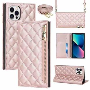 For iPhone 12 / 12 Pro Grid Texture Lanyard Zipper Leather Phone Case(Rose Gold)