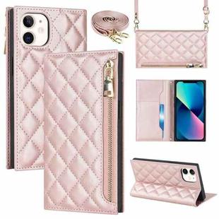 For iPhone 12 mini Grid Texture Lanyard Zipper Leather Phone Case(Rose Gold)