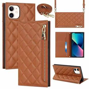 For iPhone 12 mini Grid Texture Lanyard Zipper Leather Phone Case(Brown)