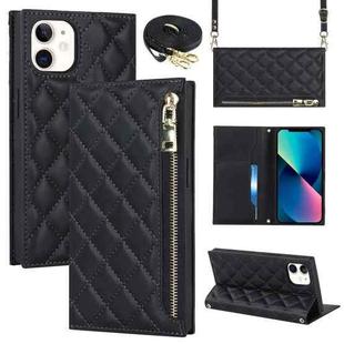 For iPhone 12 mini Grid Texture Lanyard Zipper Leather Phone Case(Black)