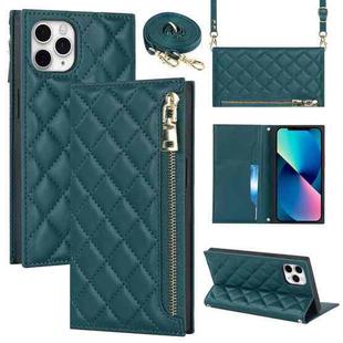 For iPhone 11 Pro Grid Texture Lanyard Zipper Leather Phone Case(Green)