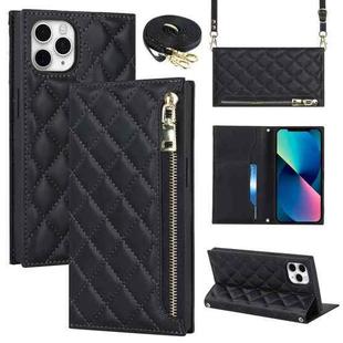 For iPhone 11 Pro Grid Texture Lanyard Zipper Leather Phone Case(Black)