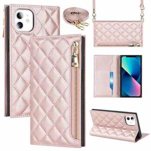 For iPhone 11 Grid Texture Lanyard Zipper Leather Phone Case(Rose Gold)