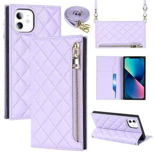 For iPhone 11 Grid Texture Lanyard Zipper Leather Phone Case(Purple)