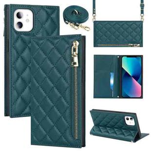 For iPhone 11 Grid Texture Lanyard Zipper Leather Phone Case(Green)