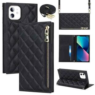 For iPhone 11 Grid Texture Lanyard Zipper Leather Phone Case(Black)