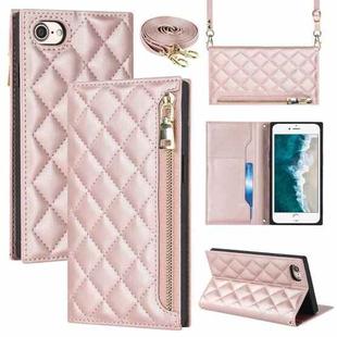 For iPhone SE 2022 / SE 2020 / 8 / 7 Grid Texture Lanyard Zipper Leather Phone Case(Rose Gold)