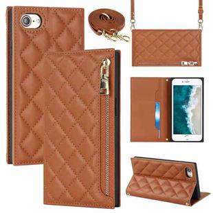 For iPhone SE 2022 / SE 2020 / 8 / 7 Grid Texture Lanyard Zipper Leather Phone Case(Brown)