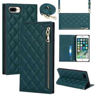 For iPhone 8 Plus / 7 Plus Grid Texture Lanyard Zipper Leather Phone Case(Green)