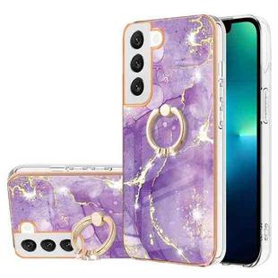 For Samsung Galaxy S23 5G Electroplating Marble IMD TPU Phone Case with Ring Holder(Purple 002)