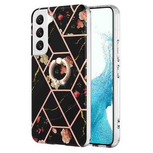 For Samsung Galaxy S23 5G Splicing Marble Flower IMD TPU Phone Case with Ring Holder(Black Flower)