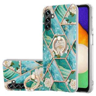 For Samsung Galaxy A14 5G Splicing Marble Flower IMD TPU Phone Case with Ring Holder(Blue Flower)