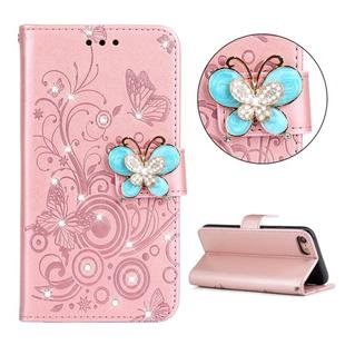 For iPhone SE 2022 / SE 2020 Diamond Encrusted Butterflies Embossing Pattern Horizontal Flip Leather Case with Holder & Card Slots & Wallet & Lanyard(Rose Gold)