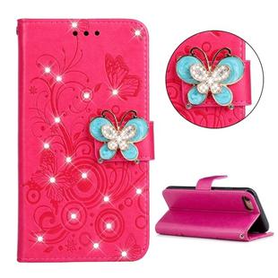 For iPhone SE 2022 / SE 2020 Diamond Encrusted Butterflies Embossing Pattern Horizontal Flip Leather Case with Holder & Card Slots & Wallet & Lanyard(Red)