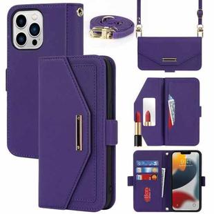 For iPhone 14 Pro Max Cross Texture Lanyard Leather Phone Case(Purple)