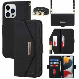 For iPhone 14 Pro Cross Texture Lanyard Leather Phone Case(Black)