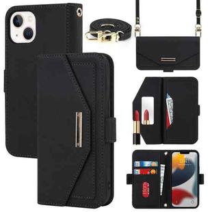 For iPhone 14 Plus Cross Texture Lanyard Leather Phone Case(Black)
